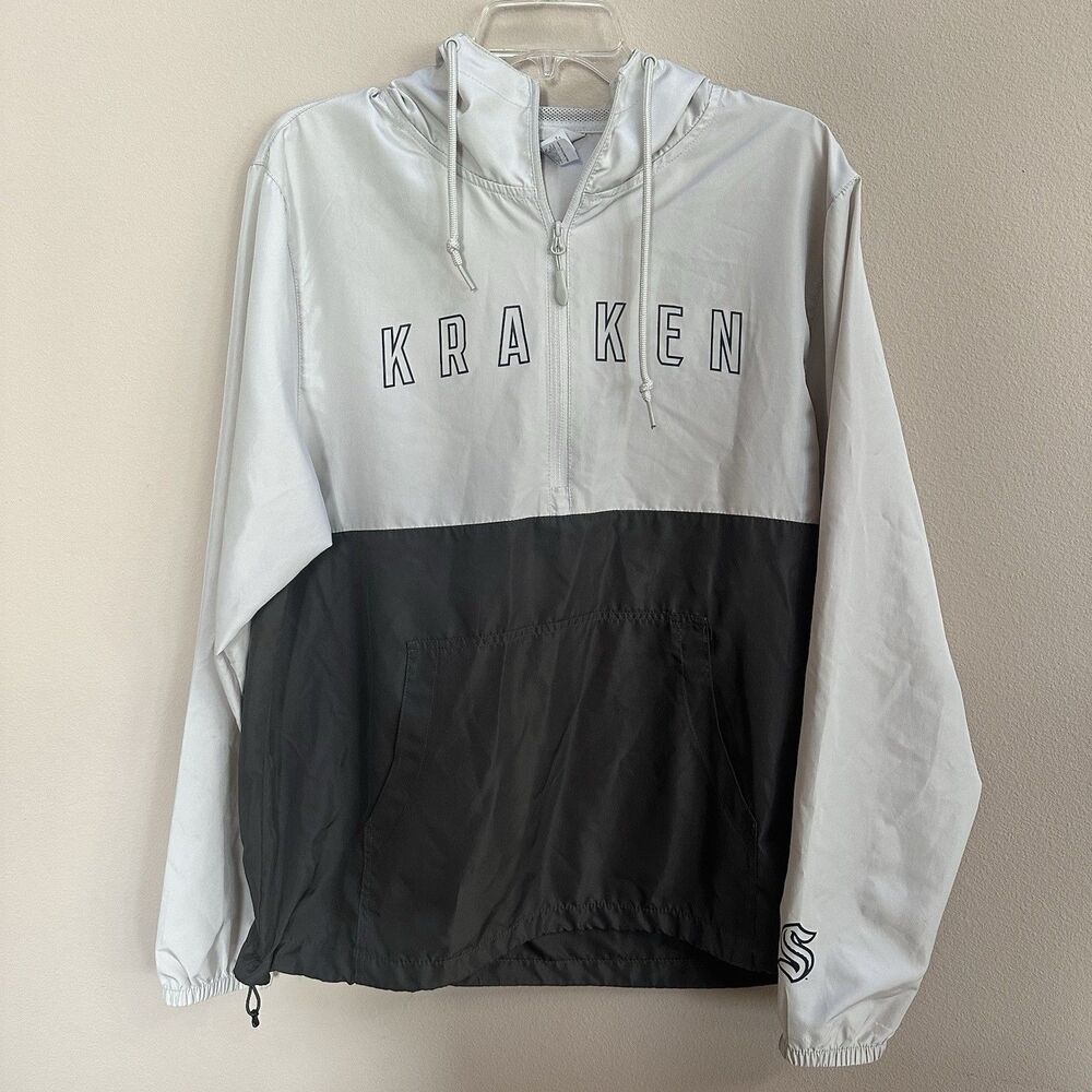 Seattle Kraken Men's Pullover Windbreaker MEDIUM 1/2 zip Hooded Hockey Gray